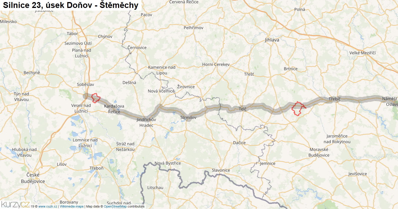Úsek Doňov - Štěměchy, Silnice 23 - Mapa