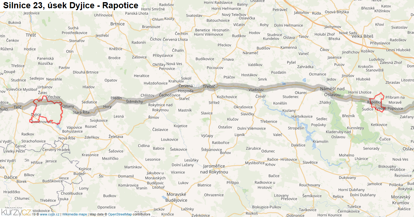 Úsek Dyjice - Rapotice, Silnice 23 - Mapa