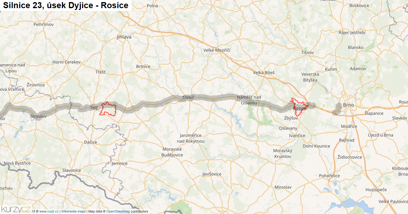 Úsek Dyjice - Rosice, Silnice 23 - Mapa