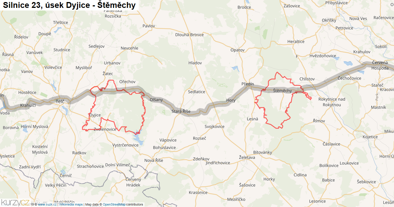 Úsek Dyjice - Štěměchy, Silnice 23 - Mapa