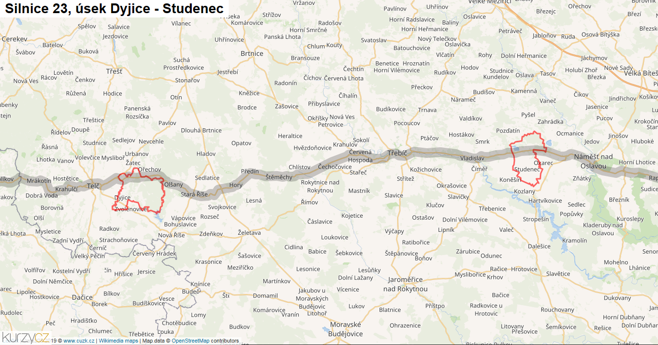Úsek Dyjice - Studenec, Silnice 23 - Mapa