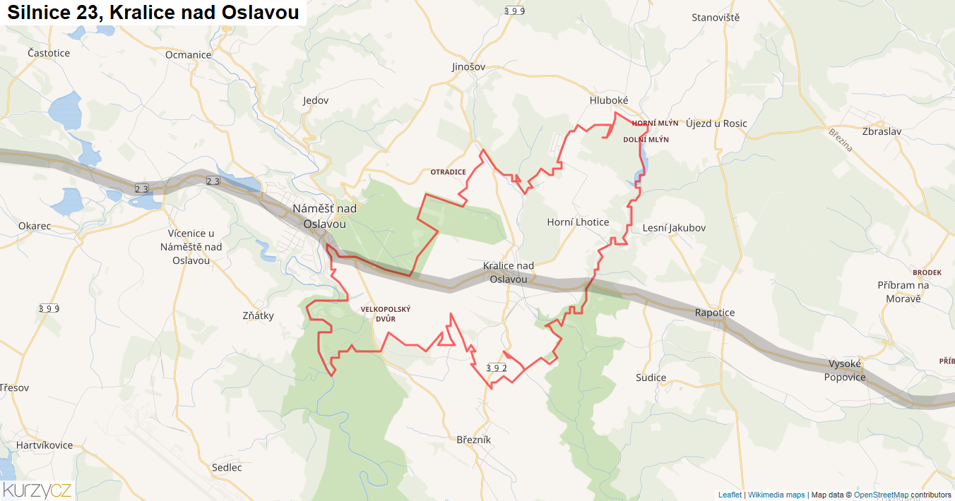 Kralice nad Oslavou, Silnice 23 - Mapa