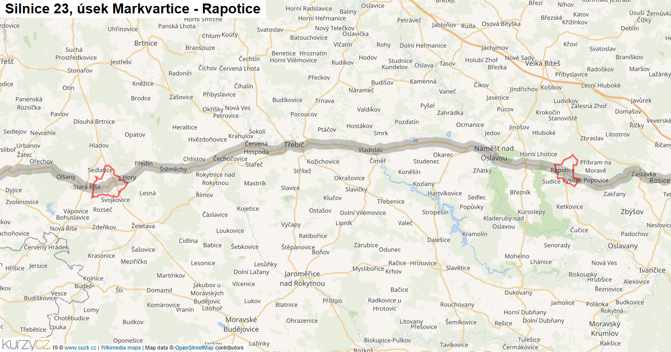 Úsek Markvartice - Rapotice, Silnice 23 - Mapa