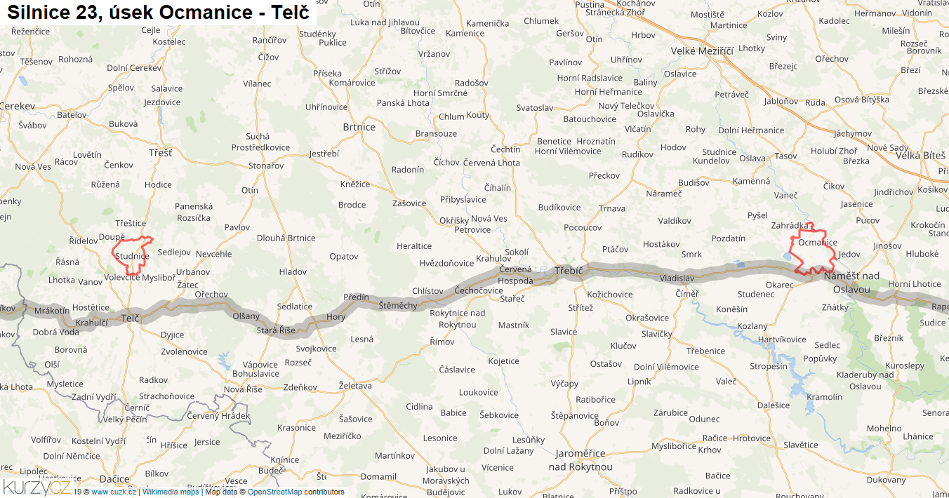 Úsek Ocmanice - Telč, Silnice 23 - Mapa