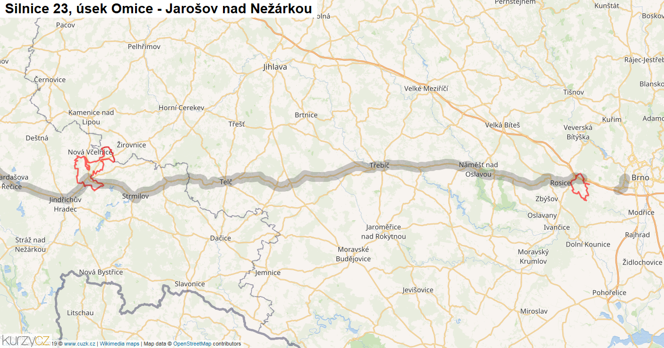 Úsek Omice - Jarošov nad Nežárkou, Silnice 23 - Mapa