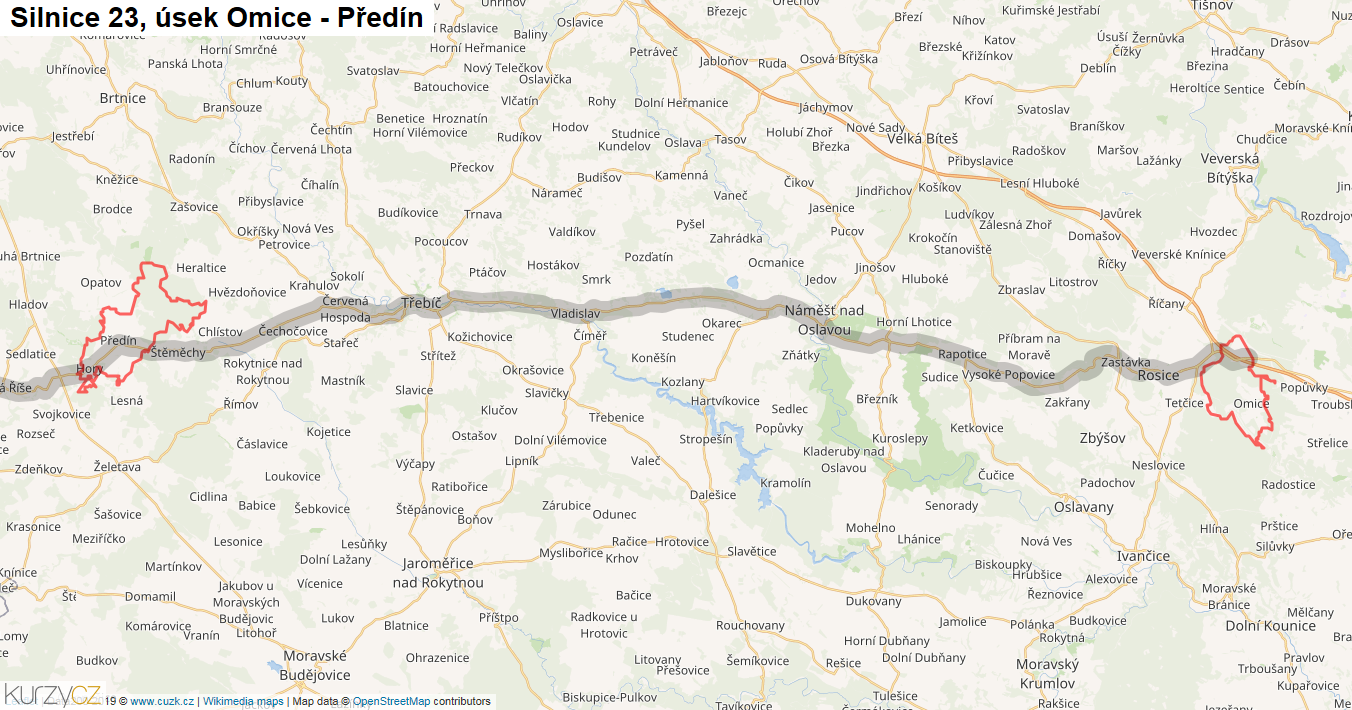 Úsek Omice - Předín, Silnice 23 - Mapa