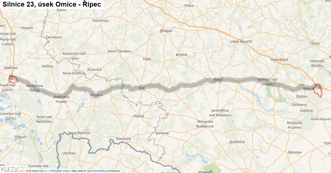 Úsek Omice - Řípec, Silnice 23 - Mapa