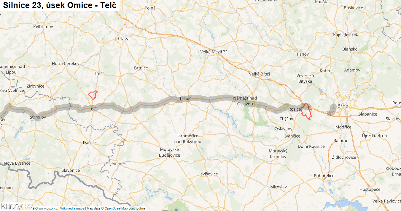 Úsek Omice - Telč, Silnice 23 - Mapa