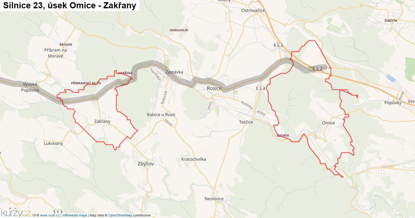 Úsek Omice - Zakřany, Silnice 23 - Mapa
