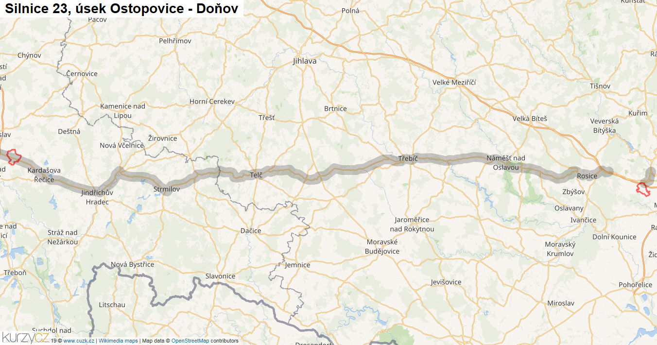 Úsek Ostopovice - Doňov, Silnice 23 - Mapa