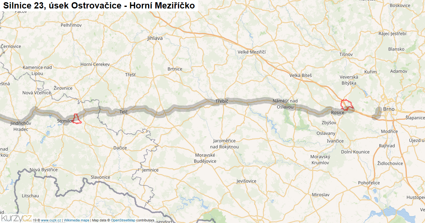 Úsek Ostrovačice - Horní Meziříčko, Silnice 23 - Mapa