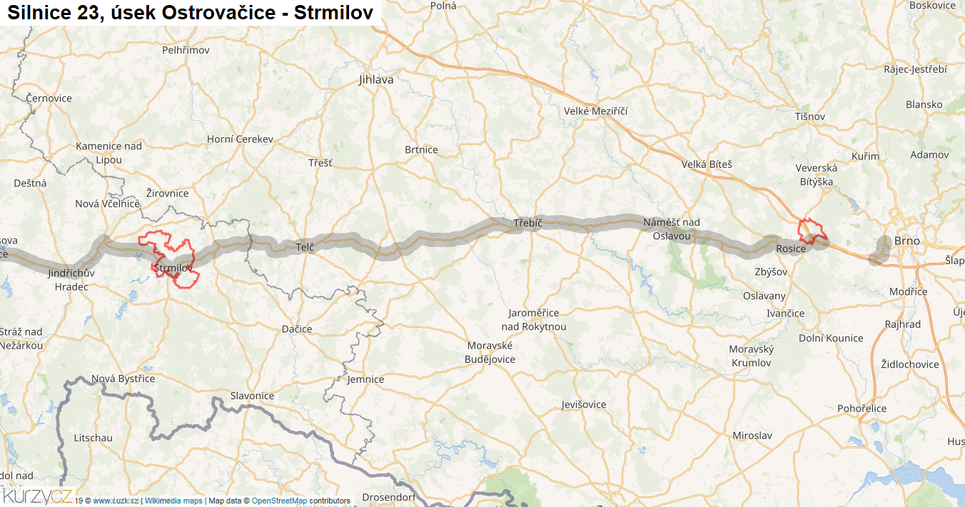 Úsek Ostrovačice - Strmilov, Silnice 23 - Mapa