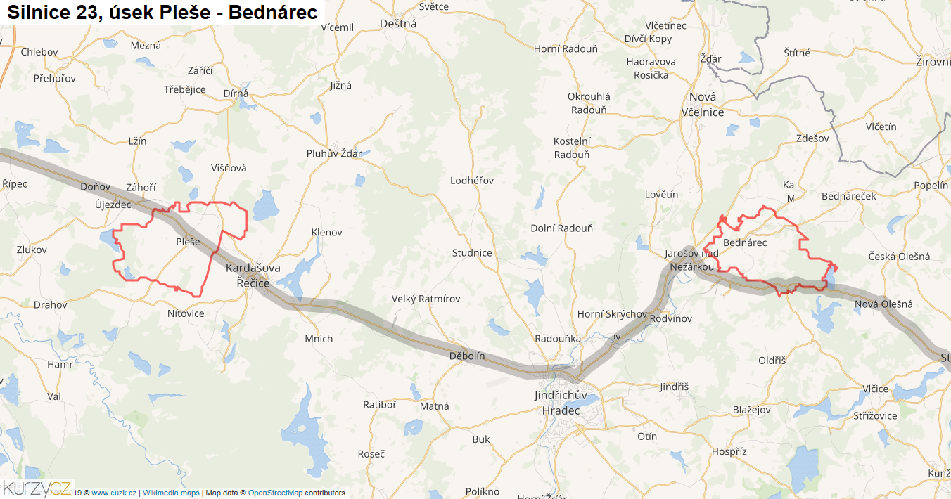 Úsek Pleše - Bednárec, Silnice 23 - Mapa