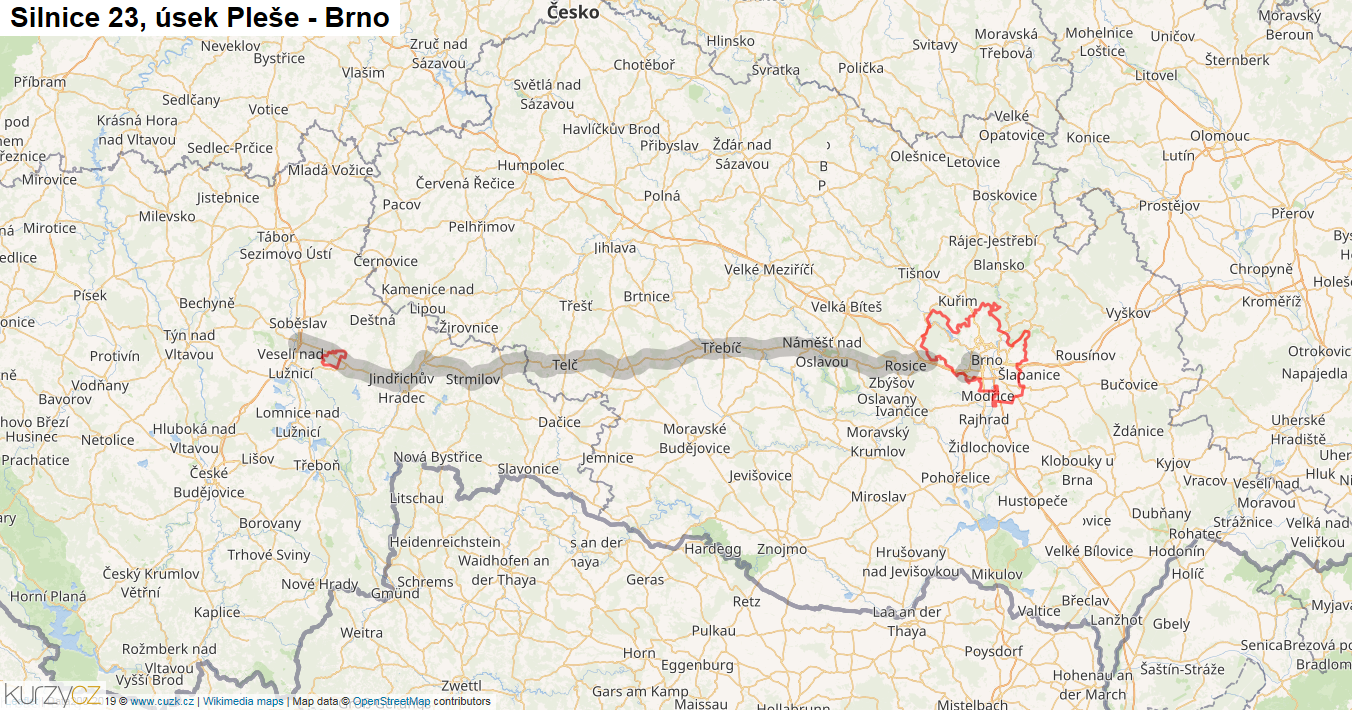 Úsek Pleše - Brno, Silnice 23 - Mapa