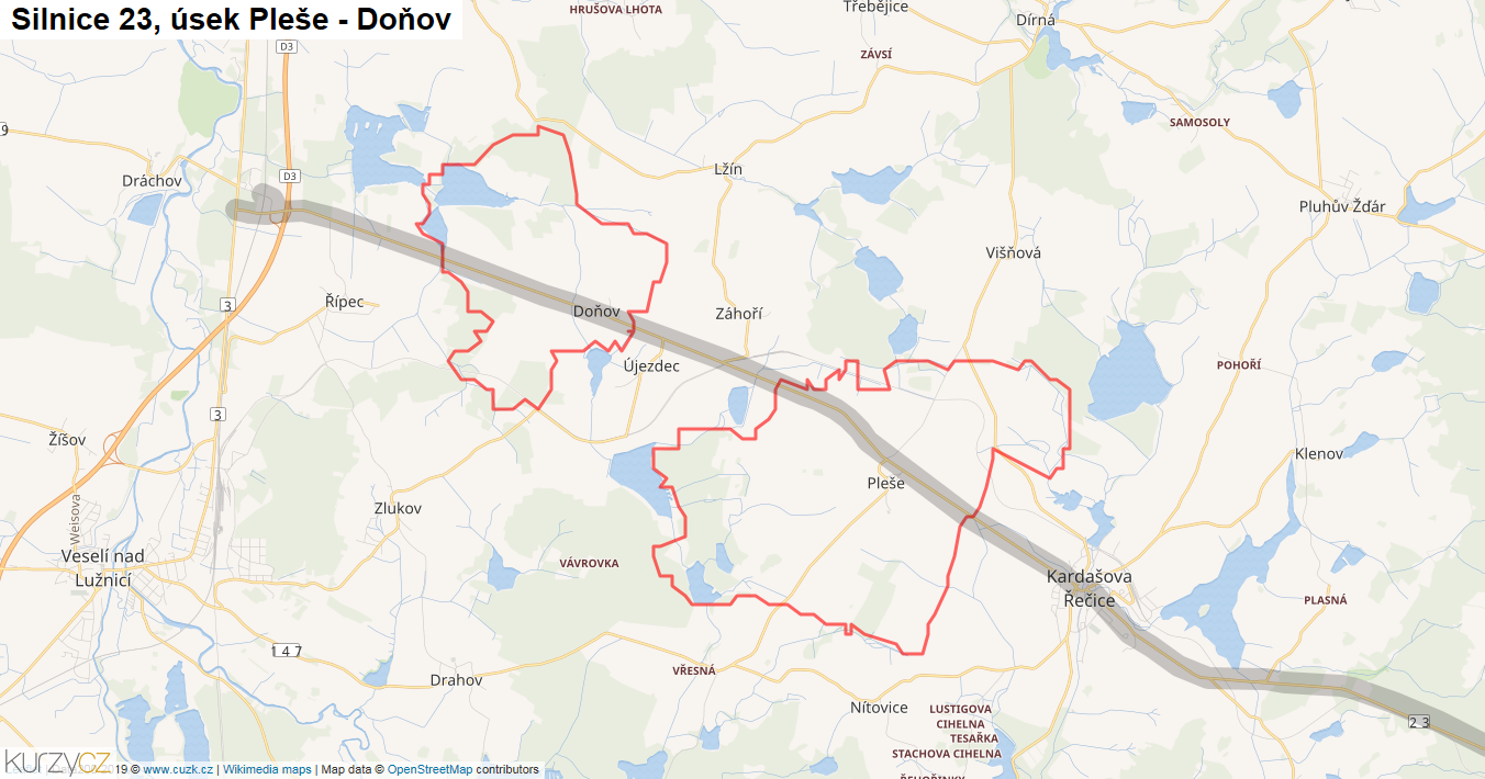 Úsek Pleše - Doňov, Silnice 23 - Mapa