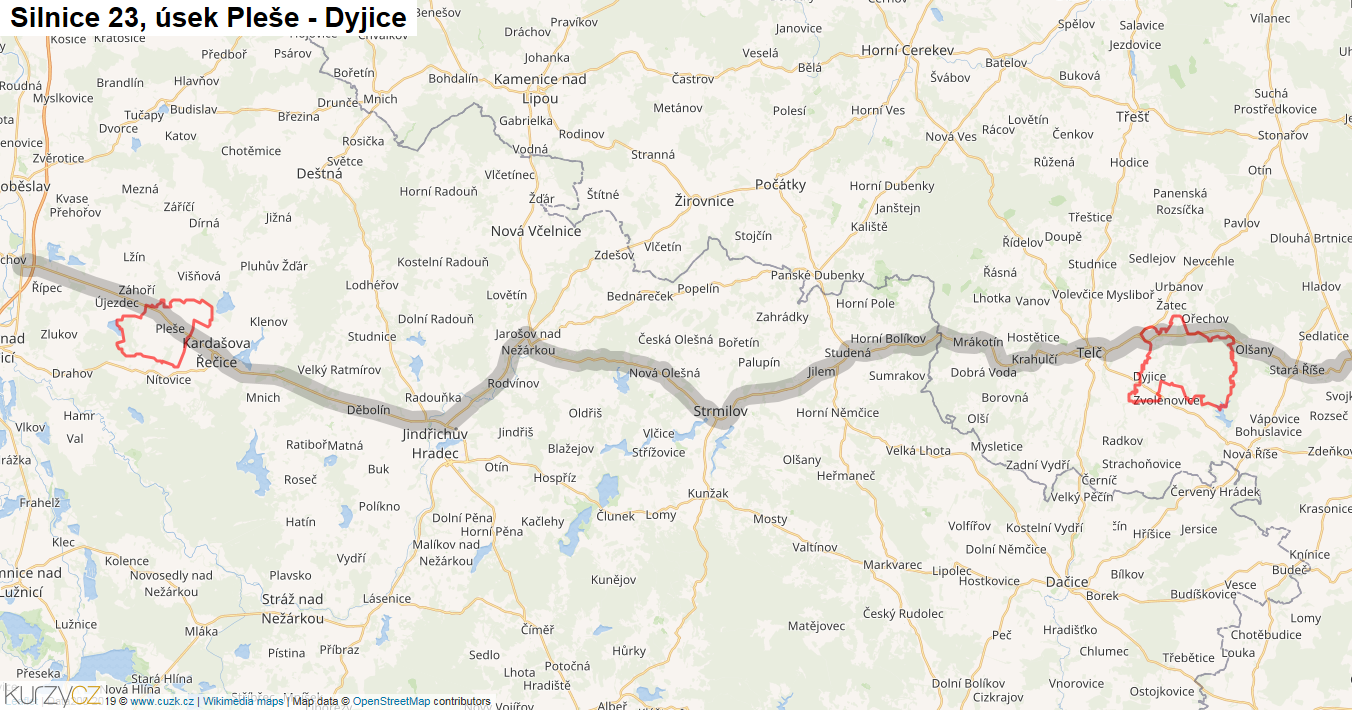 Úsek Pleše - Dyjice, Silnice 23 - Mapa