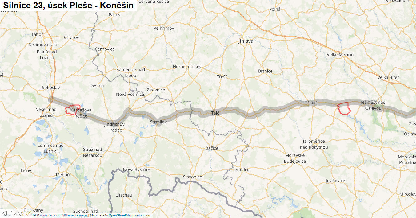 Úsek Pleše - Koněšín, Silnice 23 - Mapa