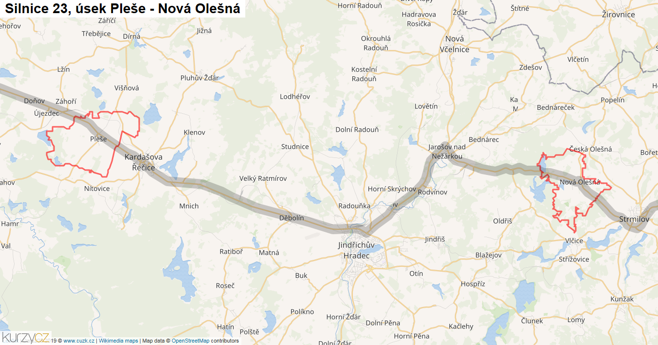 Úsek Pleše - Nová Olešná, Silnice 23 - Mapa