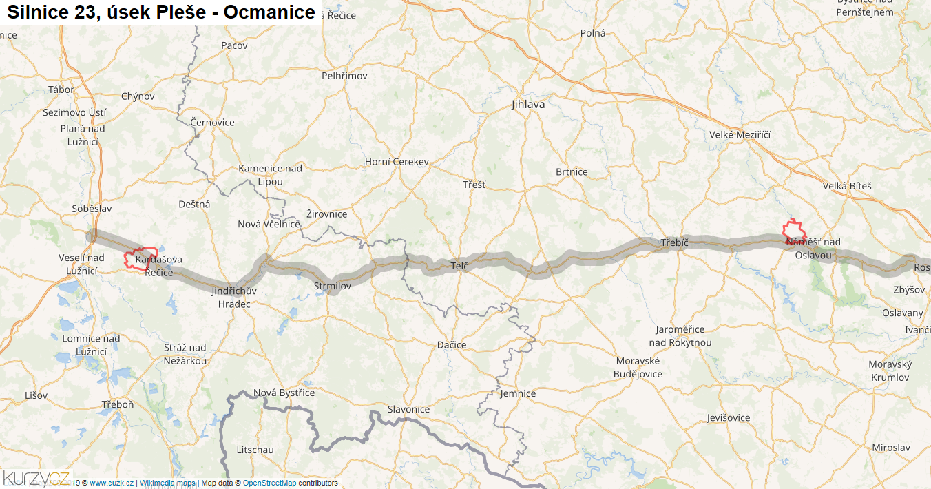 Úsek Pleše - Ocmanice, Silnice 23 - Mapa