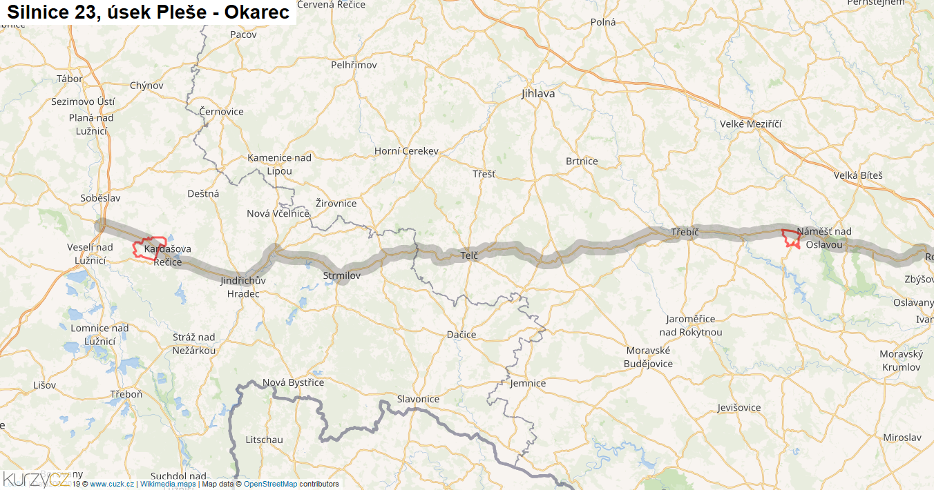 Úsek Pleše - Okarec, Silnice 23 - Mapa