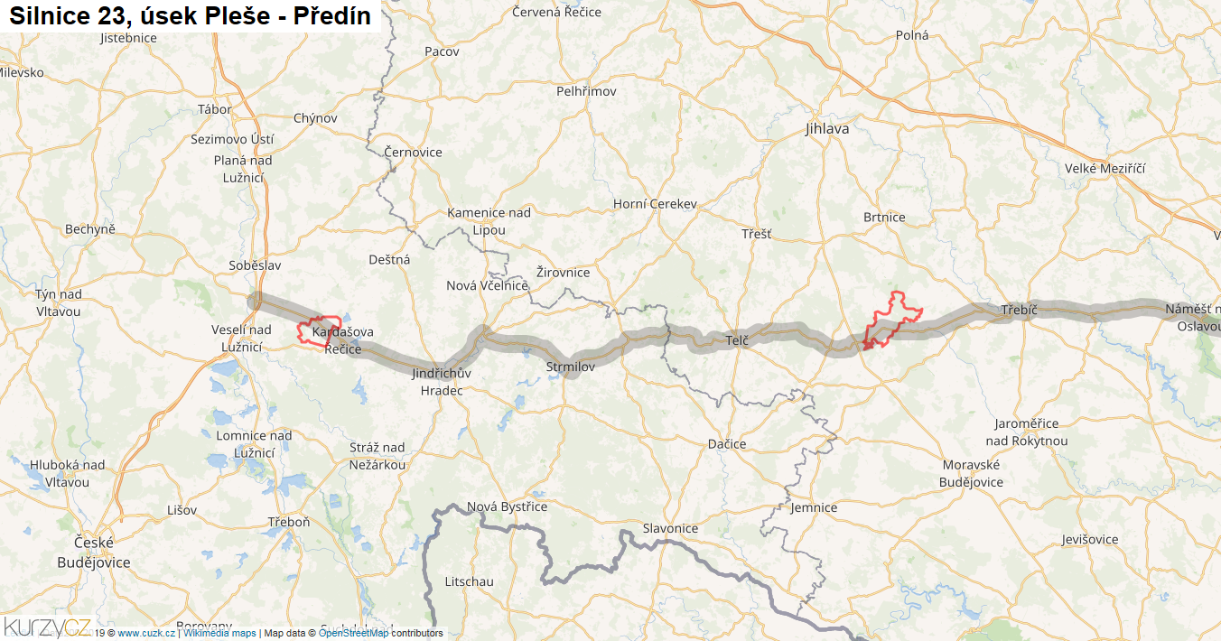 Úsek Pleše - Předín, Silnice 23 - Mapa