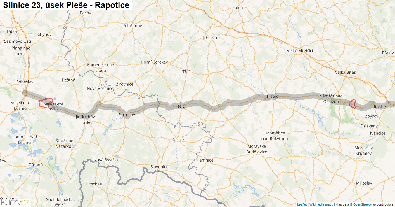 Úsek Pleše - Rapotice, Silnice 23 - Mapa