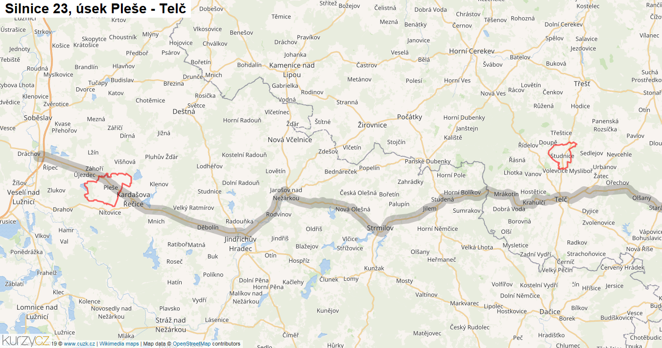 Úsek Pleše - Telč, Silnice 23 - Mapa