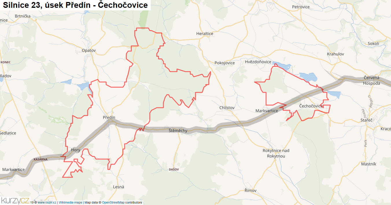 Úsek Předín - Čechočovice, Silnice 23 - Mapa