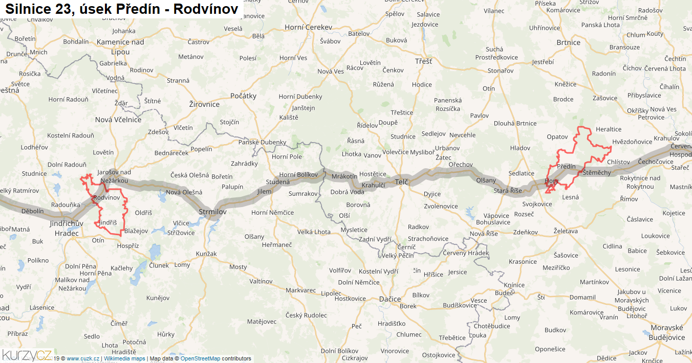 Úsek Předín - Rodvínov, Silnice 23 - Mapa
