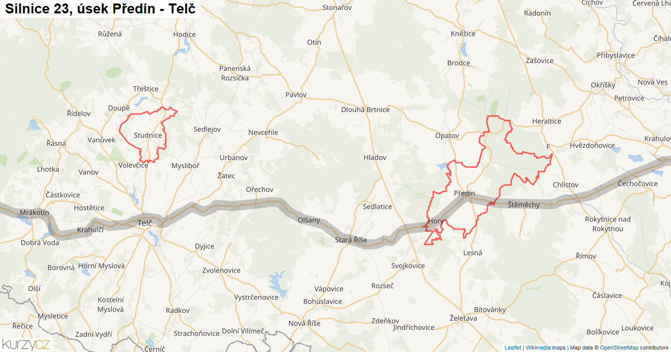Úsek Předín - Telč, Silnice 23 - Mapa