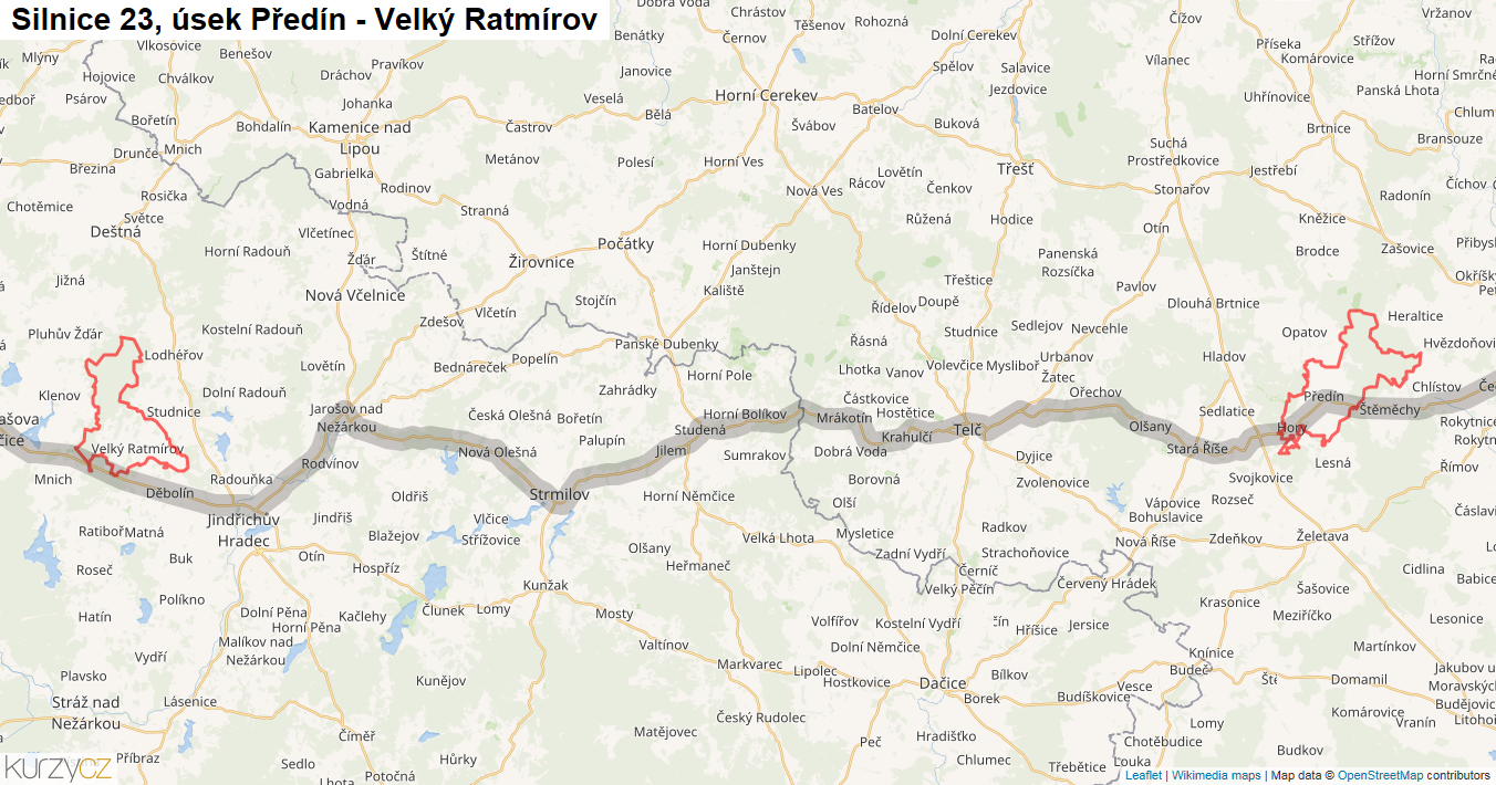 Úsek Předín - Velký Ratmírov, Silnice 23 - Mapa