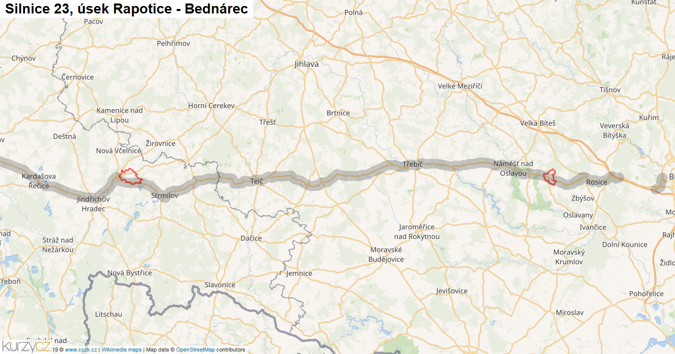 Úsek Rapotice - Bednárec, Silnice 23 - Mapa