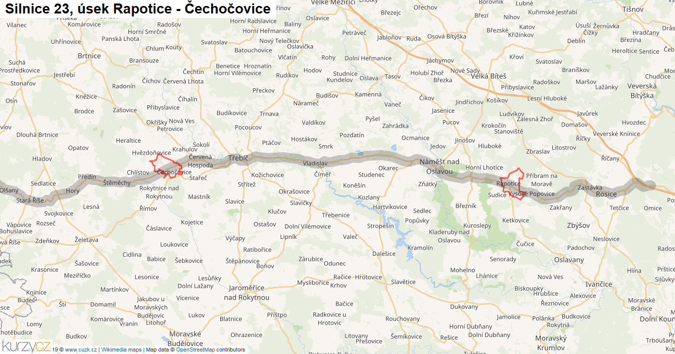 Úsek Rapotice - Čechočovice, Silnice 23 - Mapa