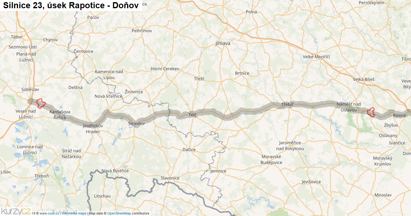 Úsek Rapotice - Doňov, Silnice 23 - Mapa