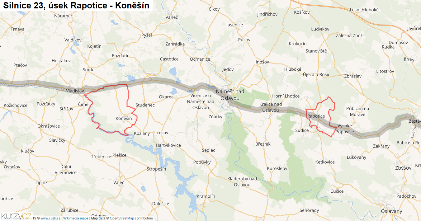 Úsek Rapotice - Koněšín, Silnice 23 - Mapa