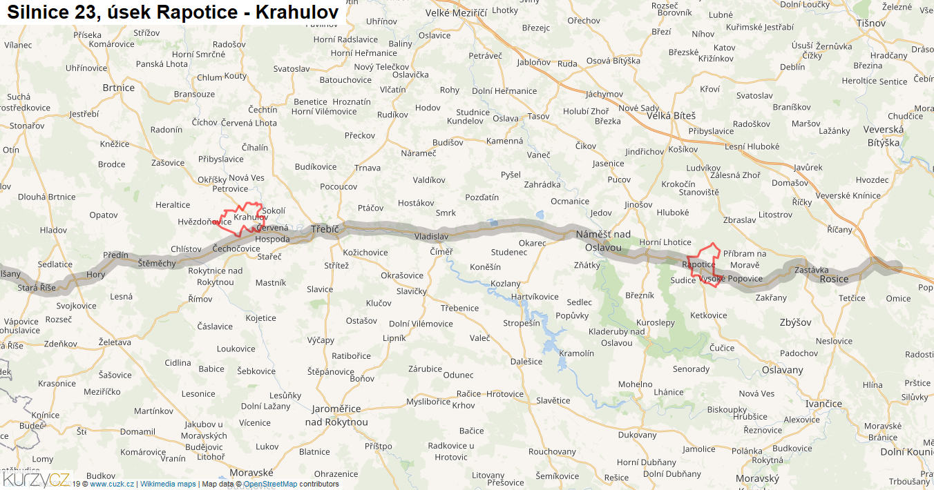 Úsek Rapotice - Krahulov, Silnice 23 - Mapa