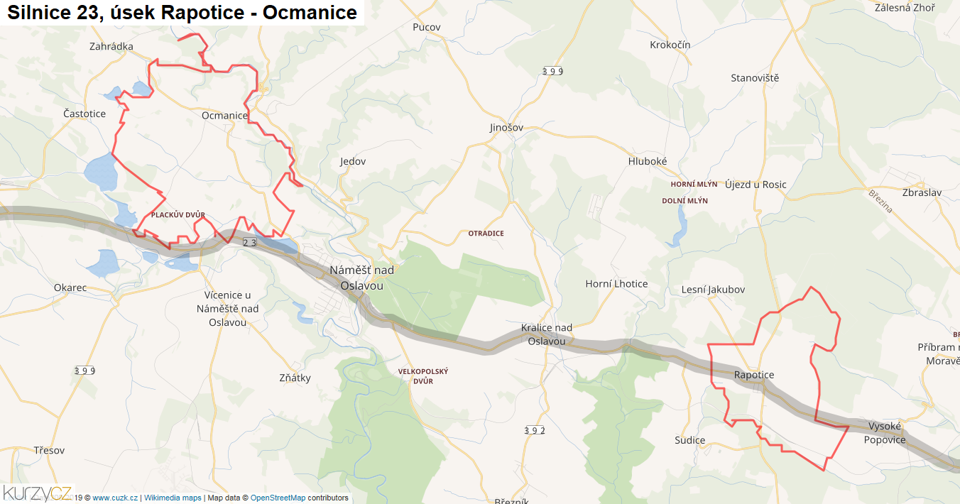 Úsek Rapotice - Ocmanice, Silnice 23 - Mapa