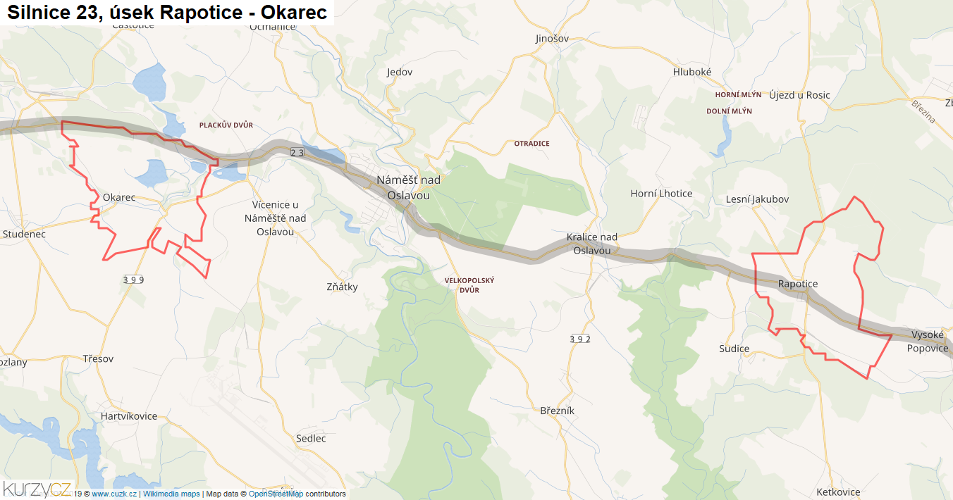 Úsek Rapotice - Okarec, Silnice 23 - Mapa