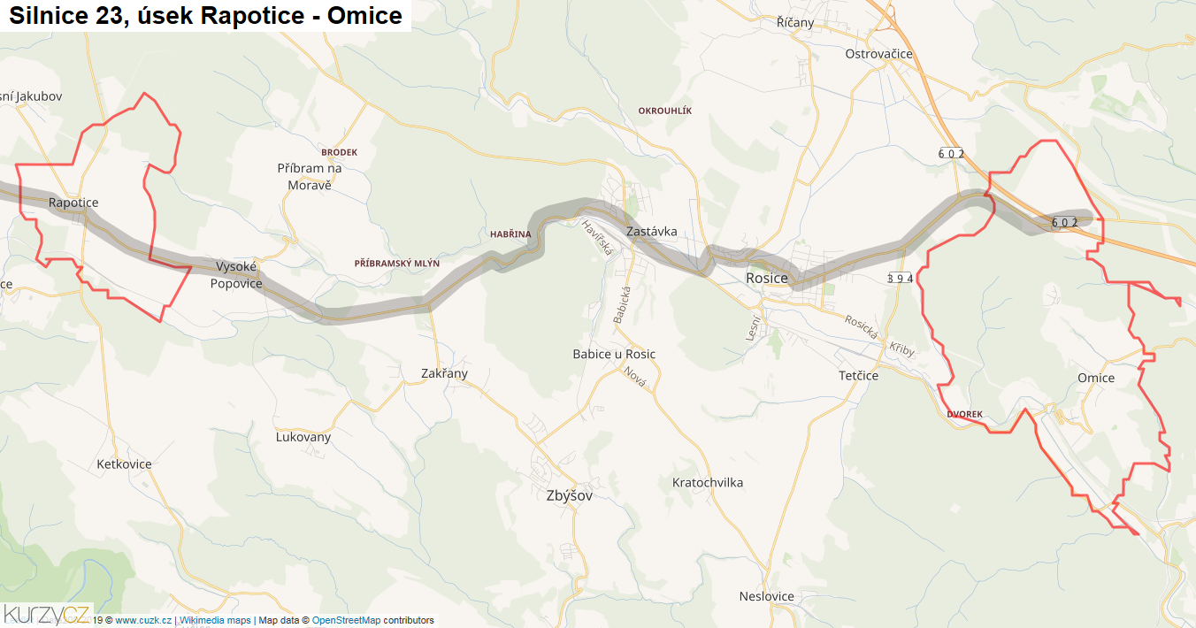 Úsek Rapotice - Omice, Silnice 23 - Mapa