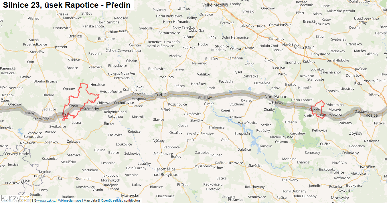 Úsek Rapotice - Předín, Silnice 23 - Mapa