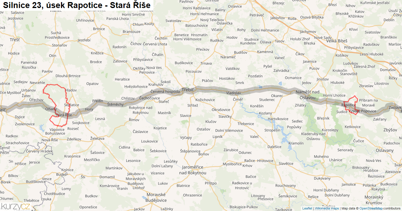 Úsek Rapotice - Stará Říše, Silnice 23 - Mapa