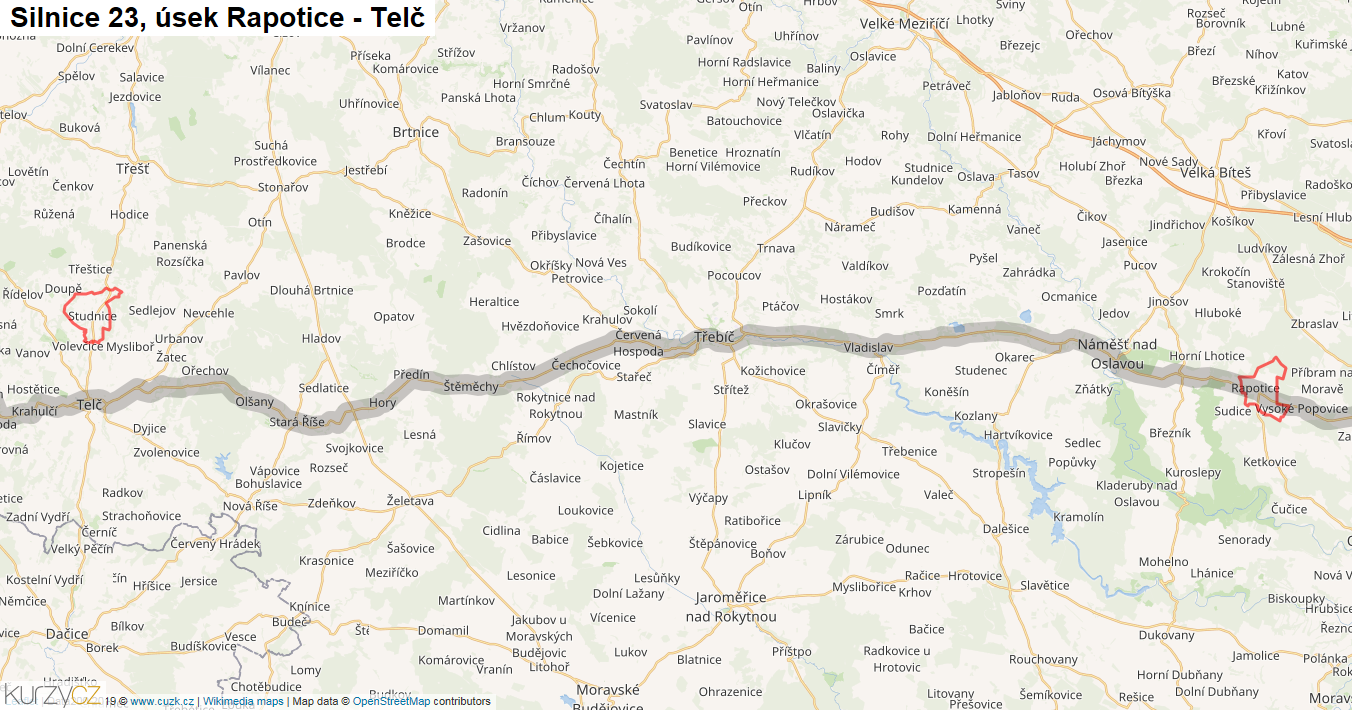 Úsek Rapotice - Telč, Silnice 23 - Mapa