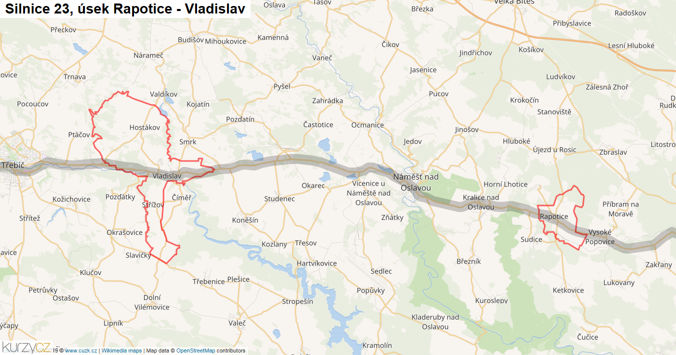 Úsek Rapotice - Vladislav, Silnice 23 - Mapa
