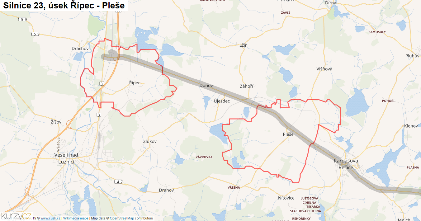 Úsek Řípec - Pleše, Silnice 23 - Mapa