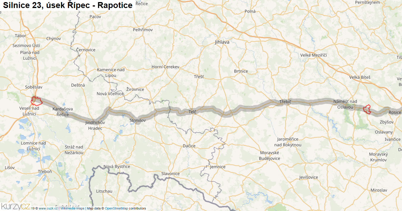 Úsek Řípec - Rapotice, Silnice 23 - Mapa