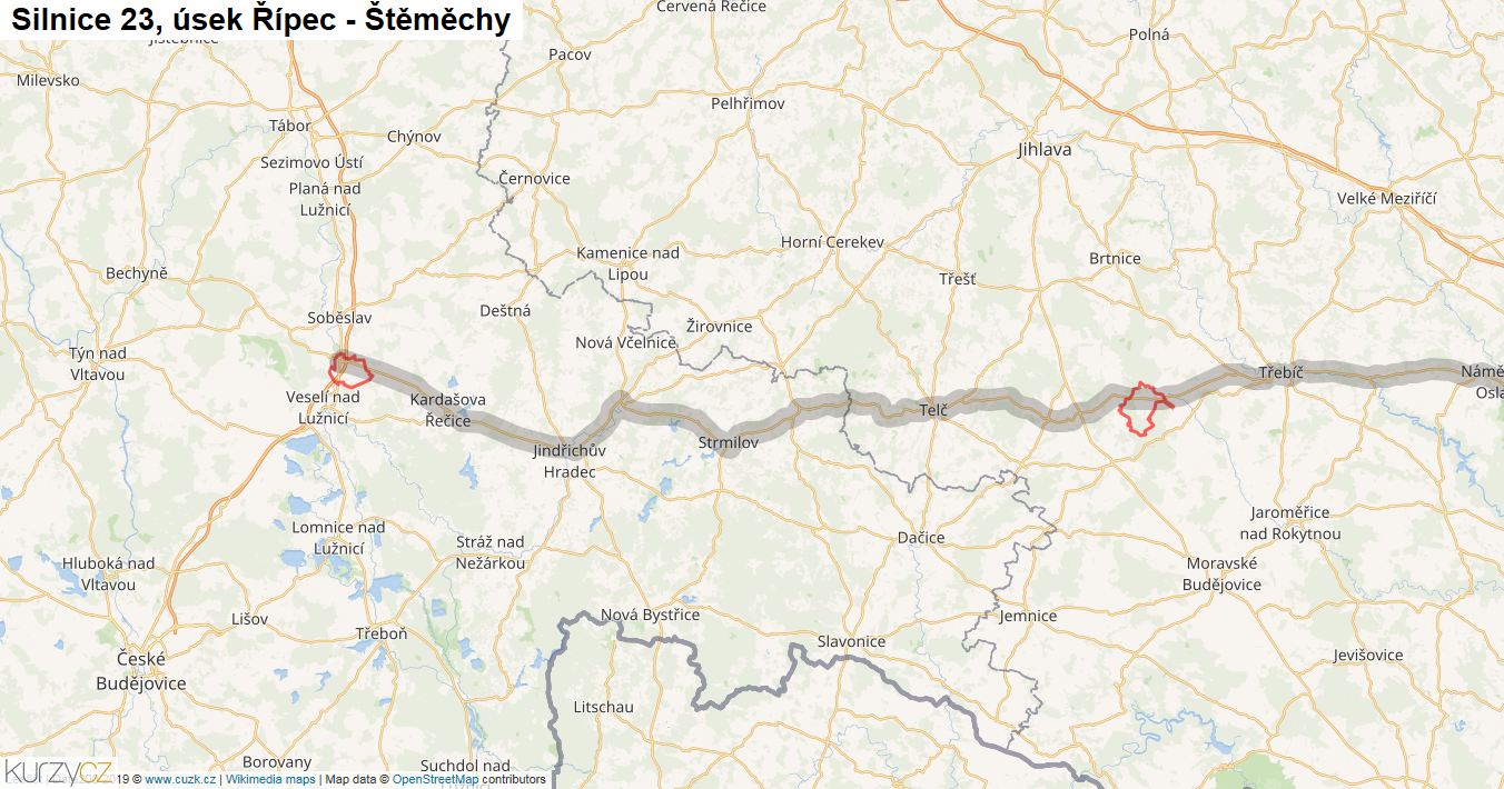 Úsek Řípec - Štěměchy, Silnice 23 - Mapa