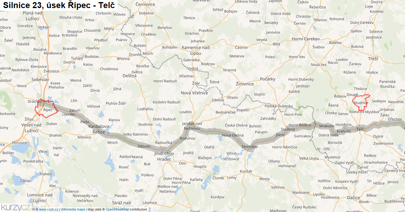 Úsek Řípec - Telč, Silnice 23 - Mapa