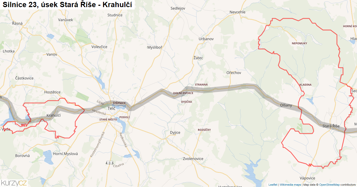 Úsek Stará Říše - Krahulčí, Silnice 23 - Mapa