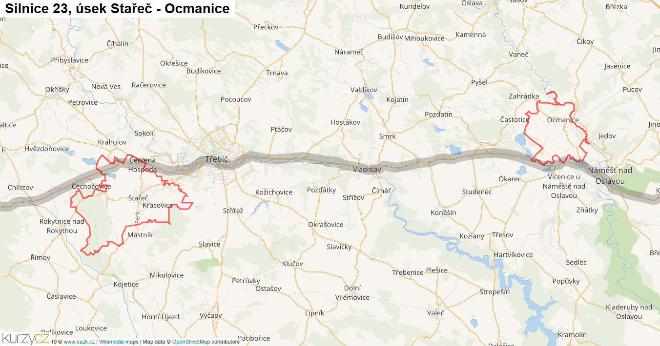 Úsek Stařeč - Ocmanice, Silnice 23 - Mapa
