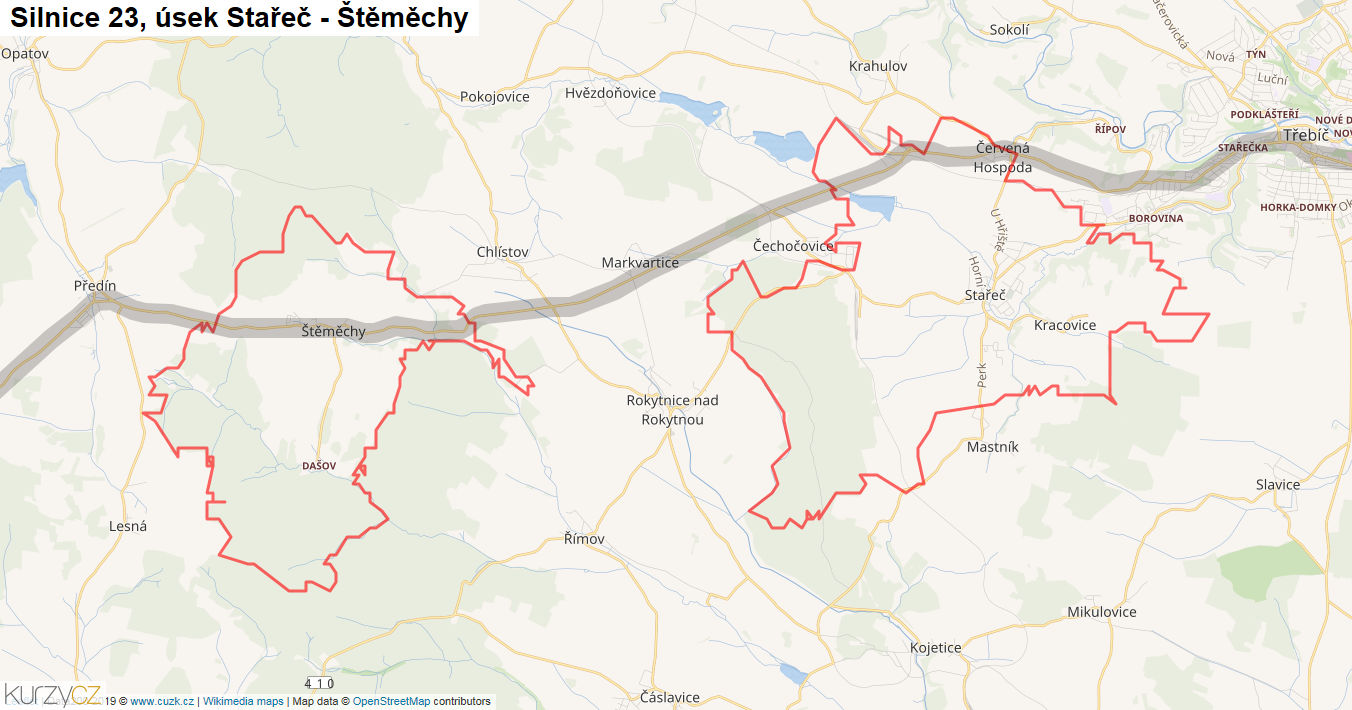 Úsek Stařeč - Štěměchy, Silnice 23 - Mapa